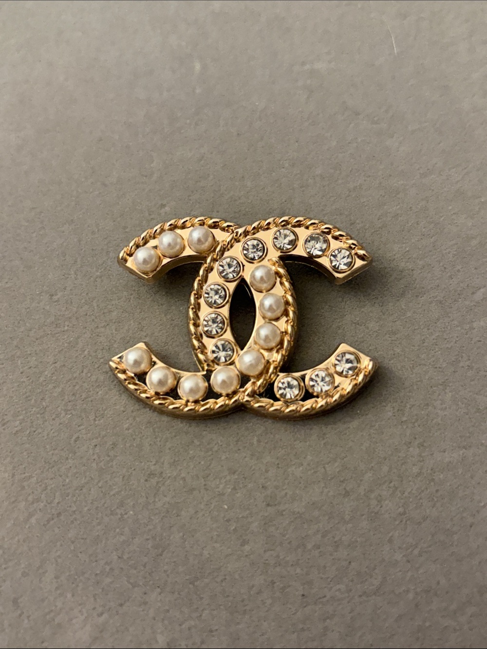 Gold Tone CC Brooch with Pearls and Clear Crystals